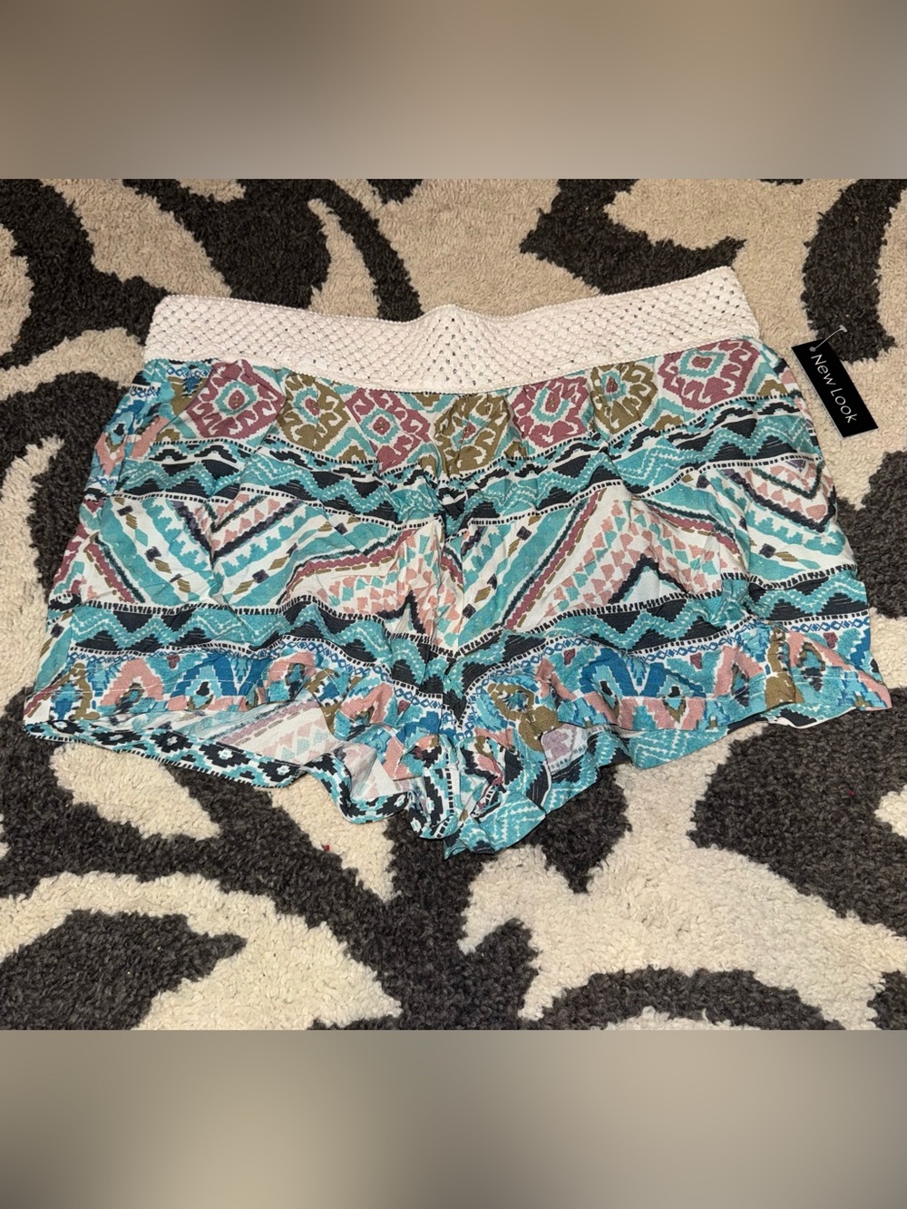 New Look Multicolor Aztec Print High Waist Shorts with Crochet Waistband